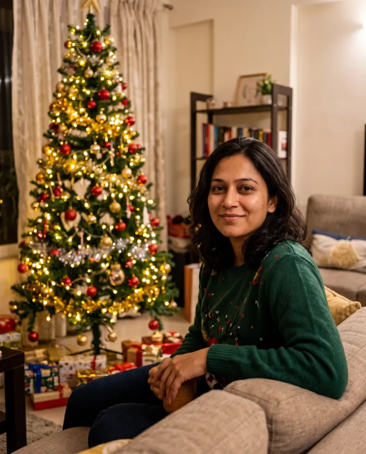 AI Christmas photo of the same woman in a green sweater sitting beside a lit Christmas tree