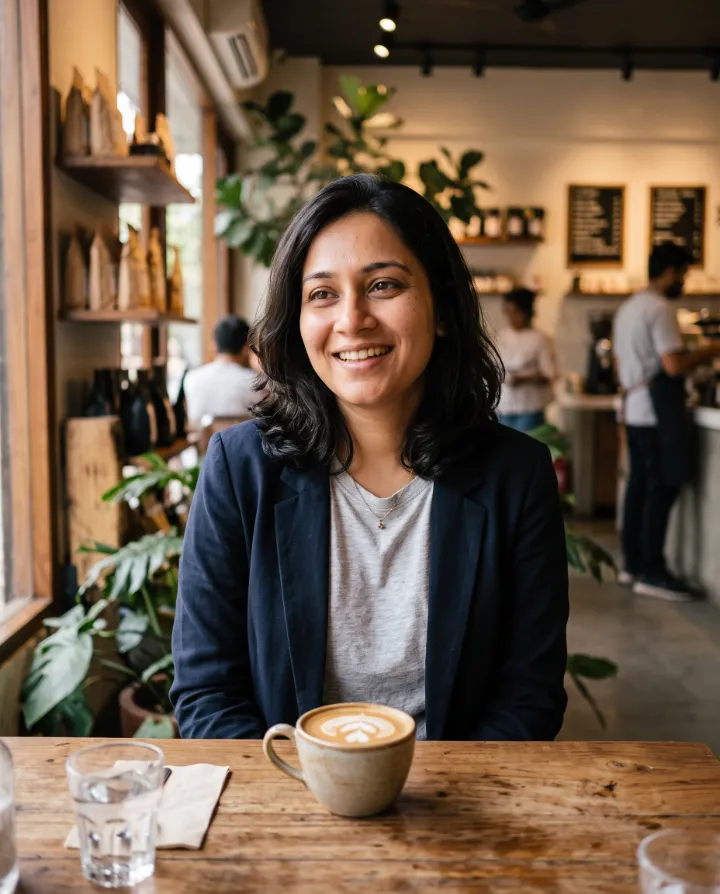 AI dating profile photo of the same woman smiling at a café table with a cup of coffee