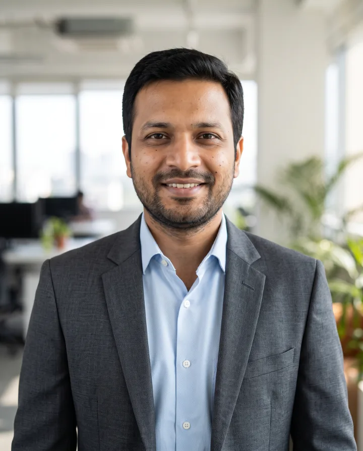 AI team headshot of the same man in a charcoal blazer and light blue shirt in a bright office