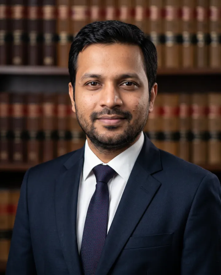 AI lawyer headshot of the same man in a dark suit and tie in front of shelves of law books