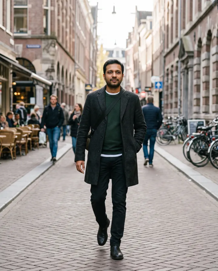 AI street-style modeling photo of the same man in a dark jacket walking down a city street