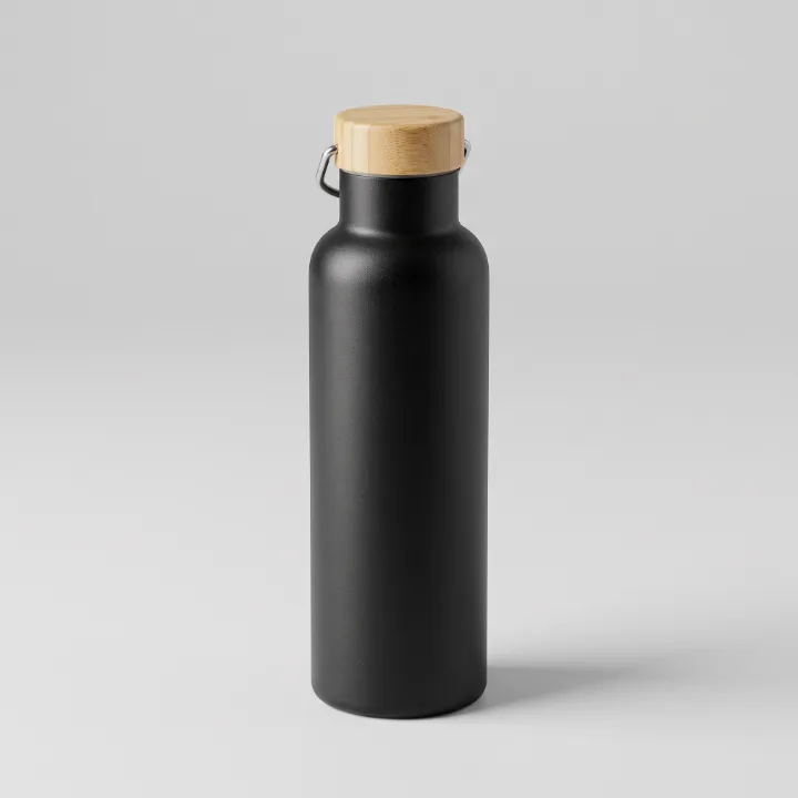 AI-generated product photo of a matte black water bottle with a bamboo cap on a light grey background