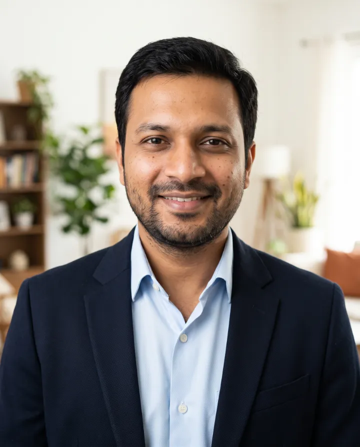 AI headshot of a man in a navy blazer in a bright living room (an AI-generated person)