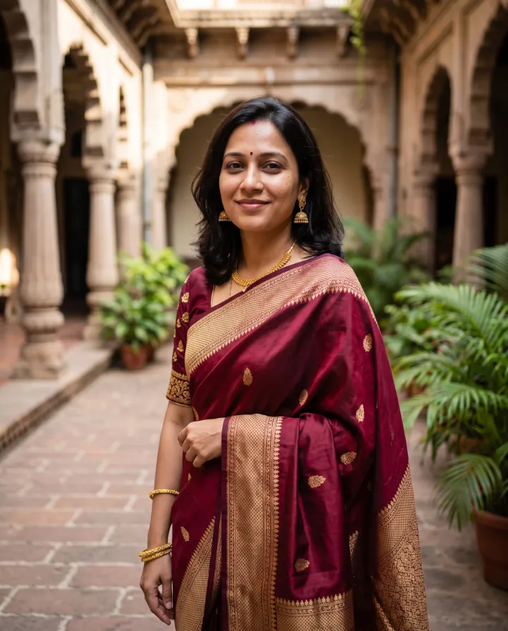 AI saree photo of a woman in a maroon silk saree in a heritage courtyard (an AI-generated person)