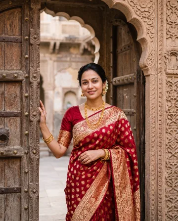 AI saree photo of the same woman in a red Banarasi silk saree with gold brocade, standing in a carved haveli doorway