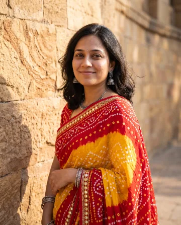 AI saree photo of the same woman in a red and yellow Bandhani tie-dye saree against a sandstone wall
