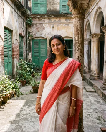 AI saree photo of the same woman in a white Bengali saree with a broad red border, in an old courtyard with green shutters