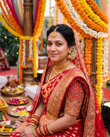 AI saree photo of the same woman in a red bridal silk saree with gold jewellery and a maang tikka, in a marigold-decorated mandap