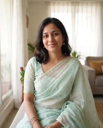 AI saree photo of the same woman in a pastel-mint Chanderi saree in a bright room with sheer curtains