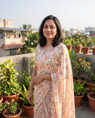 AI saree photo of the same woman in a floral-print georgette saree on a sunny terrace with potted plants