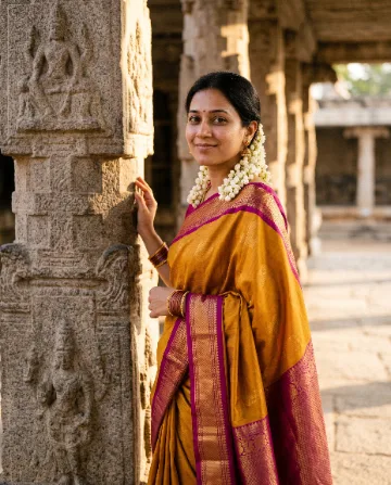 AI saree photo of the same woman in a mustard-yellow Kanjivaram silk saree with a magenta border, beside carved temple pillars