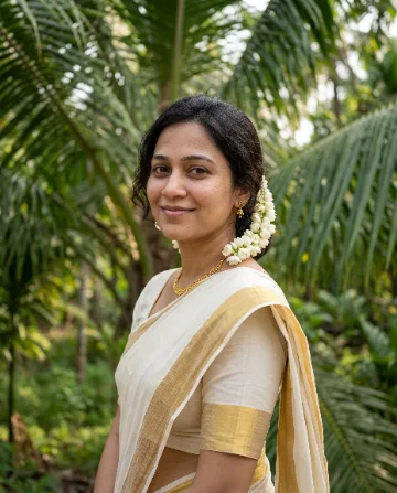 AI saree photo of the same woman in an off-white Kerala kasavu saree with a gold border and jasmine in her hair, among coconut palms