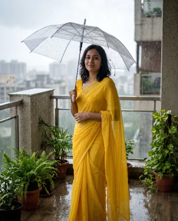 AI saree photo of the same woman in a yellow chiffon saree holding a clear umbrella on a rainy balcony