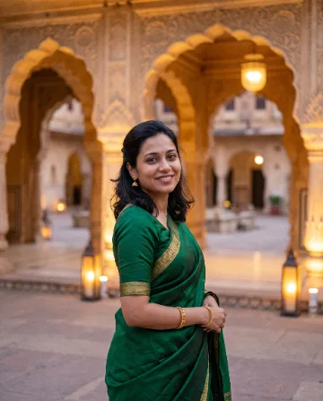 AI saree photo of the same woman in an emerald-green Mysore silk saree in front of lamp-lit palace arches
