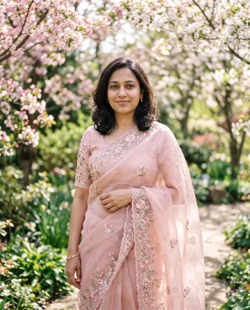 AI saree photo of the same woman in a blush-pink floral organza saree in a garden of blossoming trees