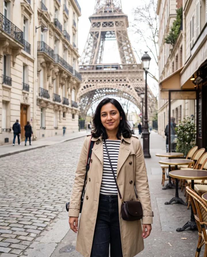 AI travel photo of a woman in a trench coat on a Paris street (an AI-generated person)
